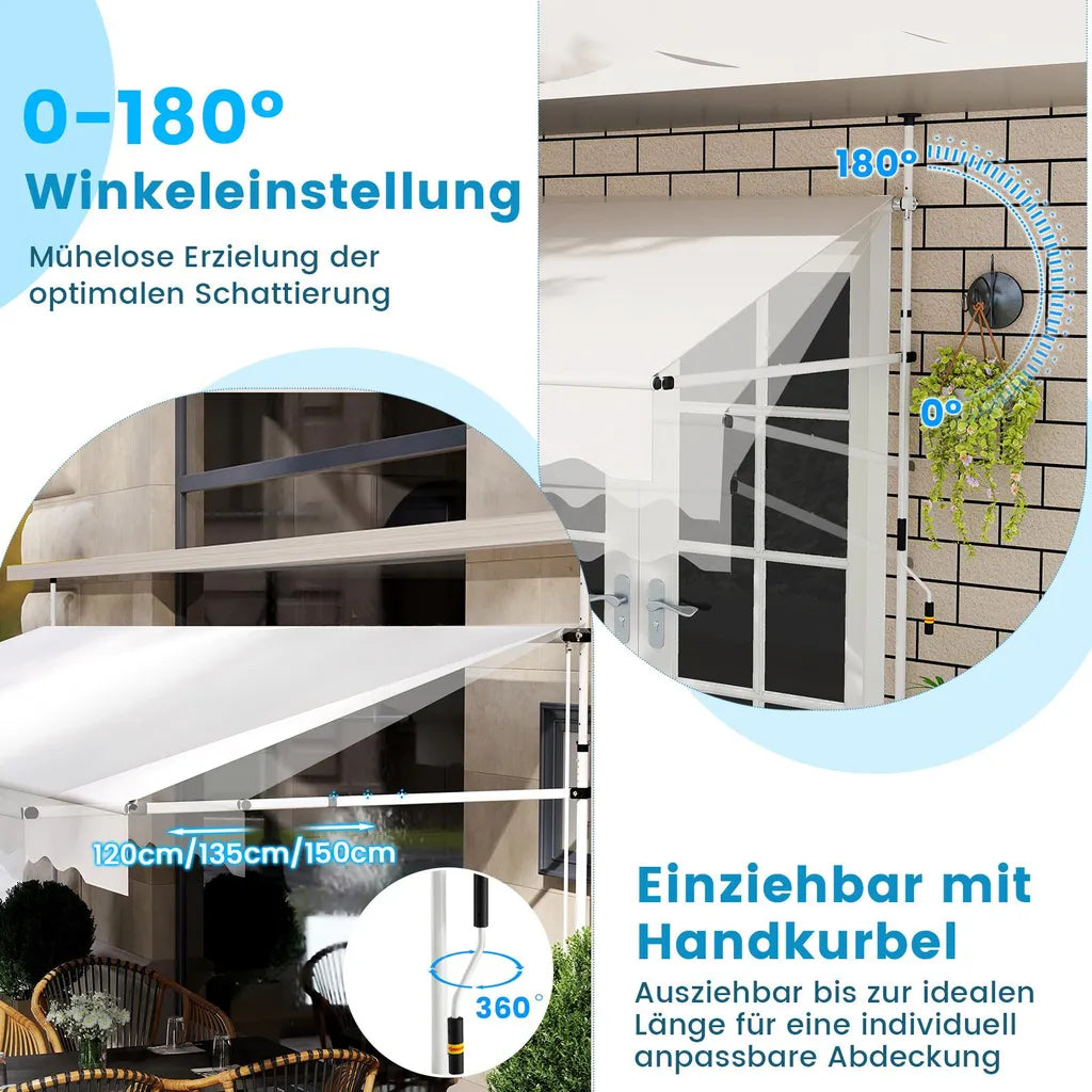 Coast Klemmarkise 400 × 120 cm - Wit - Boorvrije Balkon Zonwering met Handslinger en Verstelbare Hoogte