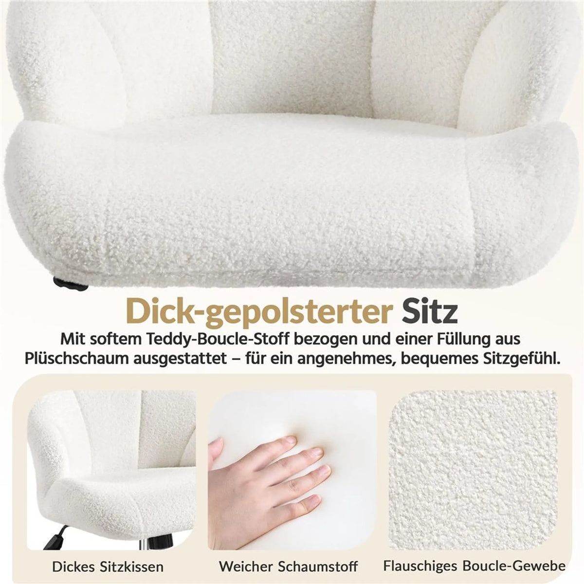 Yaheetech Elegante Draaistoel met Schelpdesign 76,5-86 cm – Schneeweiß – Polyester en Metaal