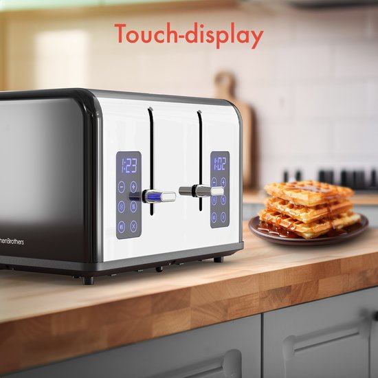 KitchenBrothers Broodrooster - Toaster - 6 Warmteniveaus - 4 Extra Brede Sleuven - Touch display - 1630W - RVS/Zwart
