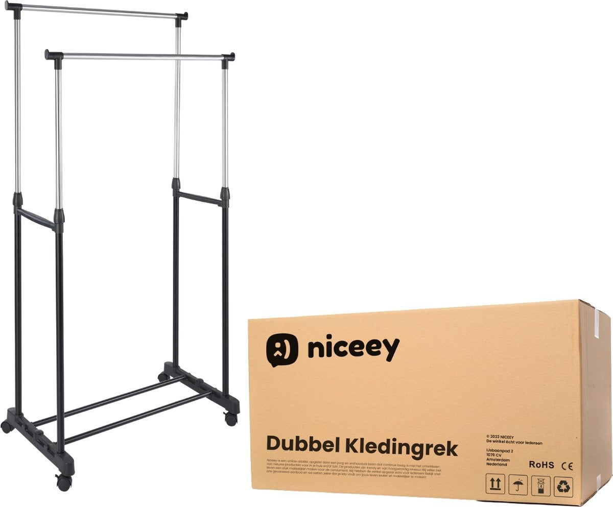 Niceey Kledingrek op Wieltjes - Verstelbaar Hoogte 90-160 cm - 130 KG Draagcapaciteit - Kleding Rek op Wielen - Kledingrek Metaal - Kledingrek Slaapkamer - Zwart
