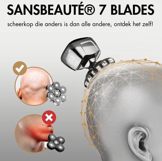 6-in-1 Scheerapparaat Mannen + Extra Scheerkop – Sansbeauté® SkullSharp PRO – Nat & Droog – Draadloos Opladen