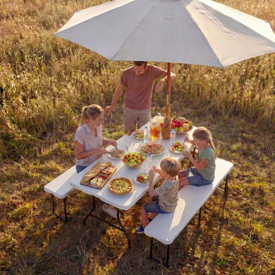 LifeGoods Inklapbare Picknickset - 124cm x 61,5cm - Tuintafel met 2 Banken - Weerbestendig - Campingtafel - Biertafel Opklapbaar - Voor Binnen en Buiten - Voor 4 tot 6 Personen - Wit
