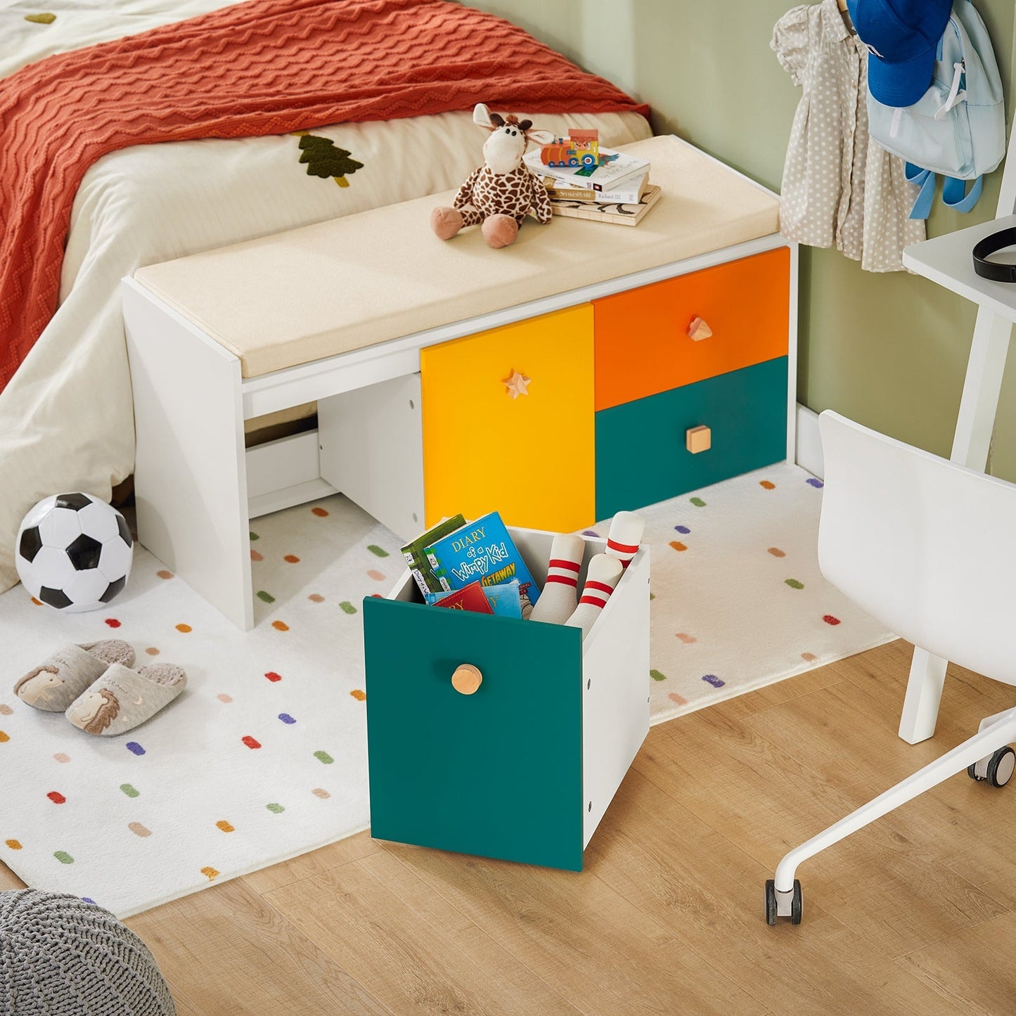 SoBuy Opbergbank Kinderen met 2 Kasten en 2 Lades - Max. 150 kg - 100 x 37 x 46 cm - Kleurrijk