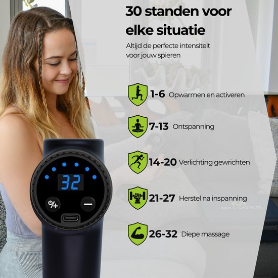 Massatico Massage Gun Compact - Professioneel en Krachtig Massage Apparaat - Massageapparaat Massagegun - Massage Pistool - Zwart - 5 Opzetstukken - 32 Standen - Met Koffer