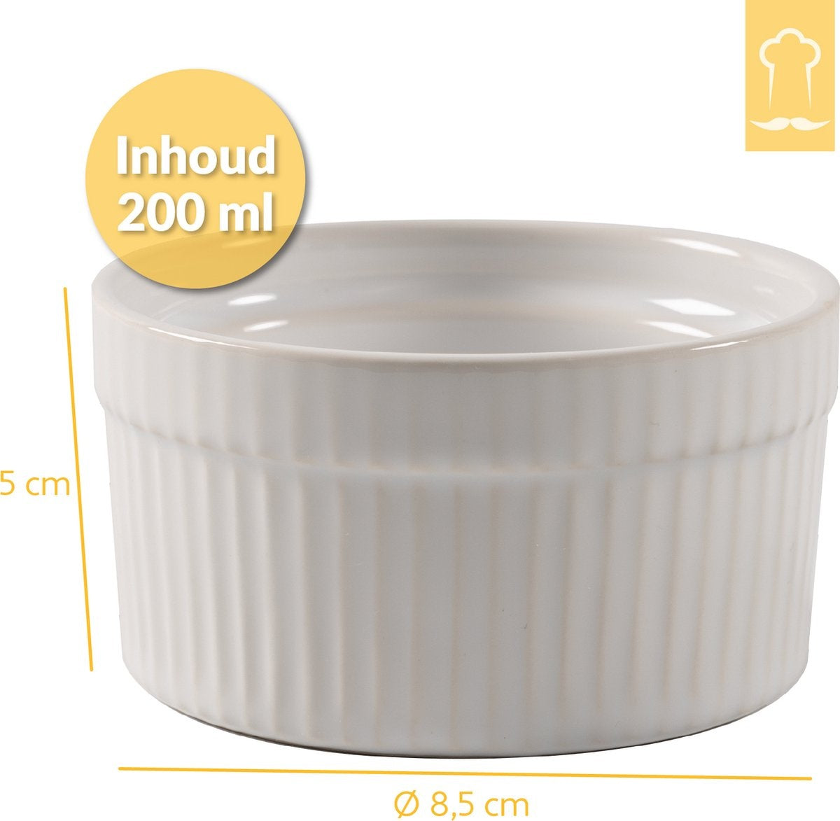Chefarone Creme Brulee Schaaltjes - 6 Mini Ovenschalen - Ramekin Schaaltjes Keramiek - Souffleschaaltjes 200 ML - Koken met Kinderen - Toetjes Schaaltjes - Wit
