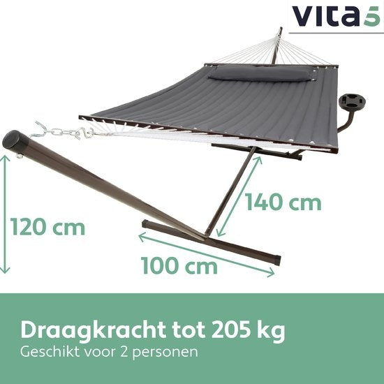 Vita5 Hangmat met Standaard en Spreidstok – 2 Persoons – incl. Bekerhouder - Afneembaar kussen – uv-bestendig – Donkergrijs