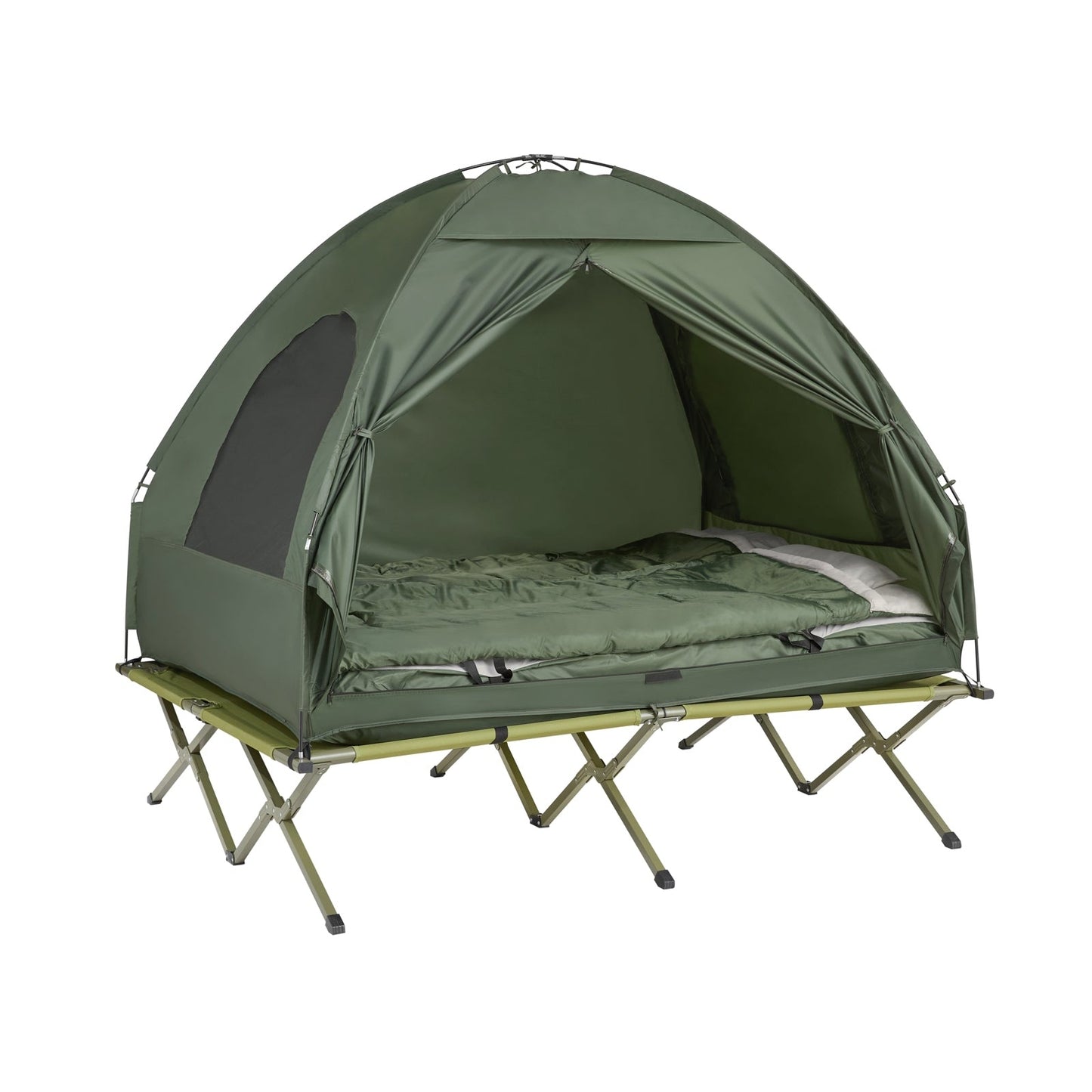 SoBuy – Campingbed Met Tent 2 Personen – 193 x 145 x 188 cm & 7-In-1 Set – Inclusief Luchtbed Schlafsäcken En Voetpomp – Voor Outdoor En Festivals – Groen Polyester En Metaal