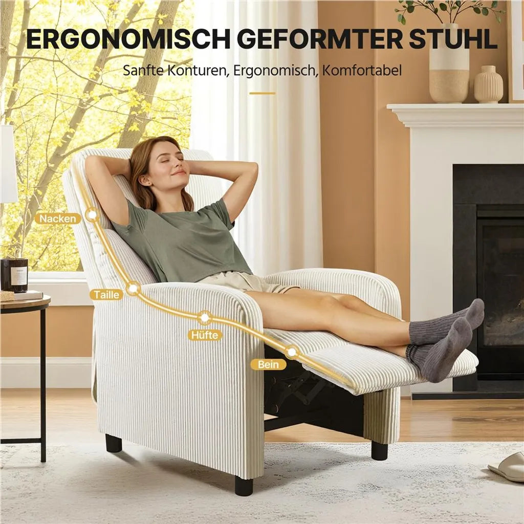 Yaheetech Relaxstoel van Cordstof met Verstelbare Voetsteun - Beige - 61,5 x 87 x 99 cm - Max. 120 kg