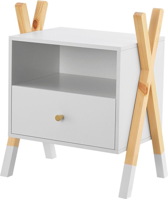 Houten Nachtkastje / Kindernachtkastje Jamie - Wit / Houtkleur - 1 Lade