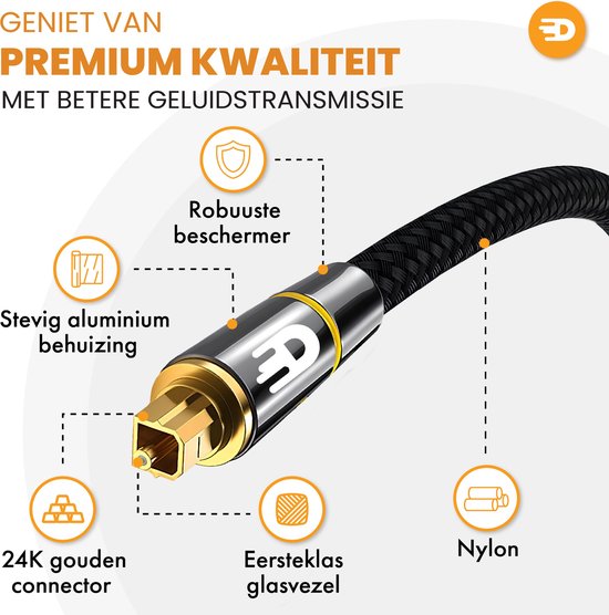 Drivv. Premium Toslink Optische Kabel Nylon - Optische Audiokabel - Male to Male - 3 meter - Zwart
