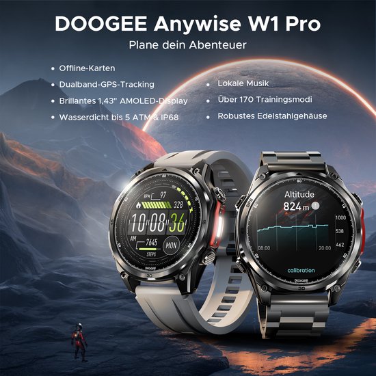 DOOGEE Anywise W1 Pro -Militair smartwatch-AI spraakbesturing-5ATM-Dual band GPS-Offline kaarten-170 sportmodi-1,43 inch AMOLED-Fitnesstracker-Bellen en gebeld worden-18 dagen extra lange batterijduur-Zaklamp-Geschikt voor Android en iPhone