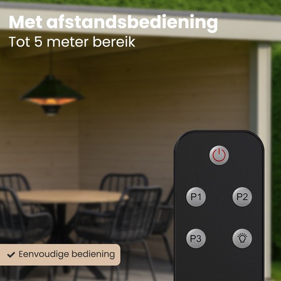 Auronic Terrasverwarmer - Infrarood Verwarming - Hangend - 20m2 - Elektrisch - 2000W - Afstandsbediening - 3 Standen - Zwart