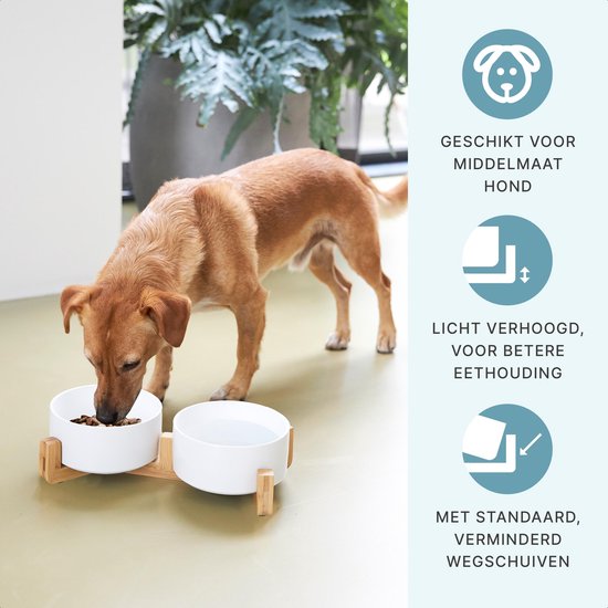 Voerbak Hond - Drinkbak - Met Bamboe Standaard - 2x 800 ml - Maat M - Wit Mat