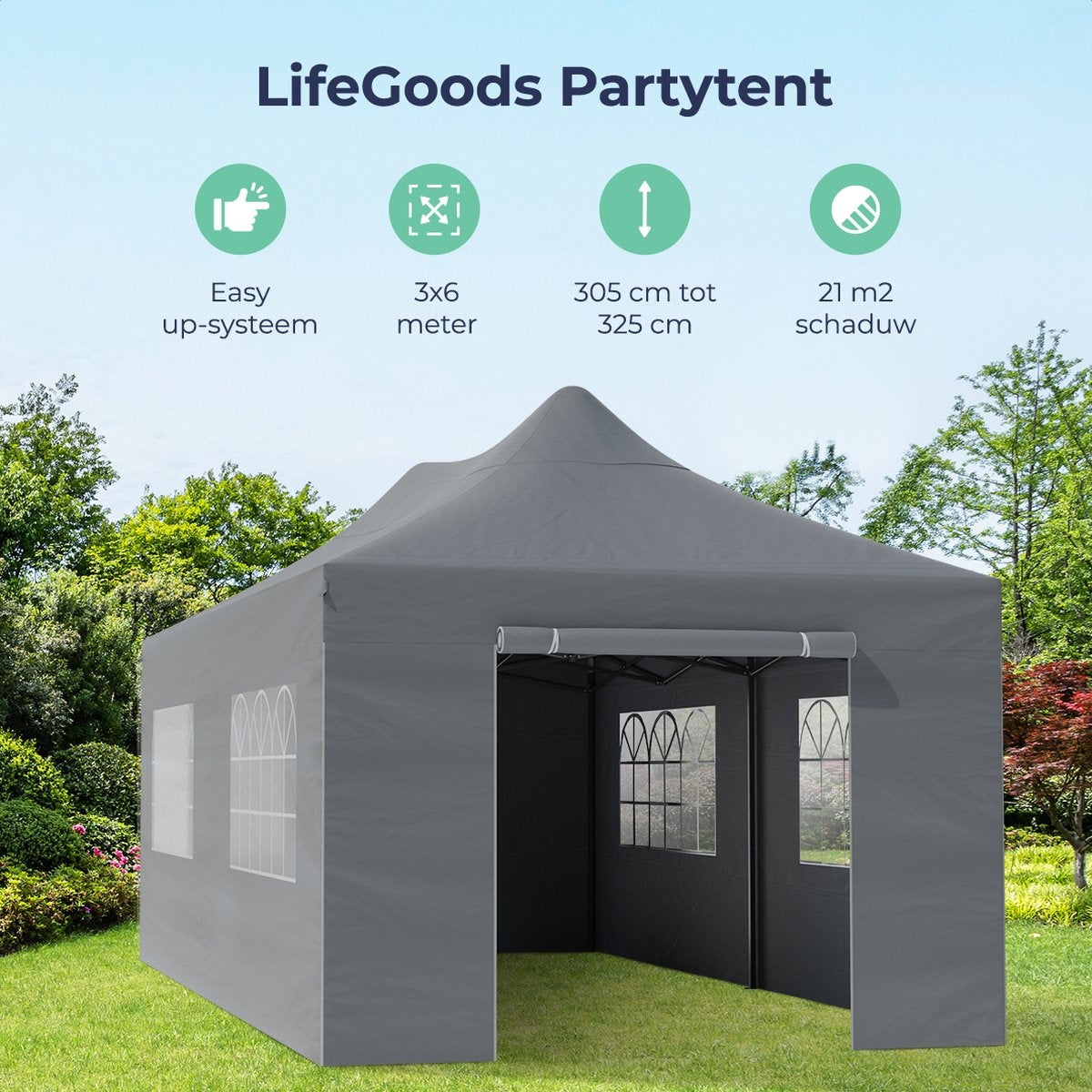 LifeGoods Partytent - Paviljoen - EasyUp - Opvouwbaar - 4 Zijwanden - Waterdicht - Met Draagtas met wieltjes - 300 x 600 cm - Donkergrijs