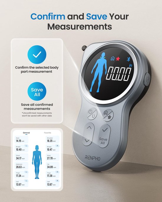 Renpho Smart Body Tape Measure+ - Slim meetlint voor het lichaam - Omtrekmeter - met Renpho Health App - 150 cm
