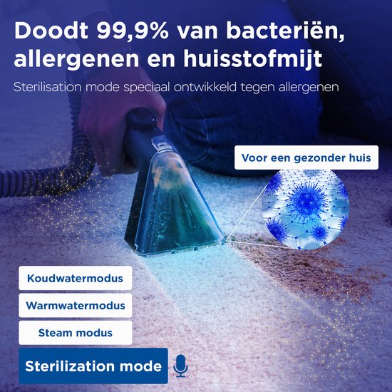 Qclean® Tapijtreiniger GO+ 1800W - All-in-1 Stoomreiniger & Vlekkenreiniger - Voor Tapijt, Meubels, Keuken & Badkamer - Zelfreinigend - Zetelreiniger - Bank reiniger- Reinigingsmachine - Waterstofzuiger - Incl. Schoonmaakmiddel