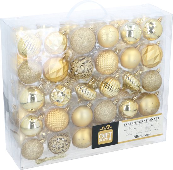Giftsome Gouden Kersballen Set - 60 Kunststof Kerstballen - Incl. Gouden Piek - Kerst Decoratie - 6/7 cm