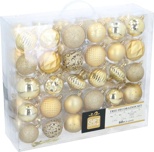 Giftsome Gouden Kersballen Set - 60 Kunststof Kerstballen - Incl. Gouden Piek - Kerst Decoratie - 6/7 cm