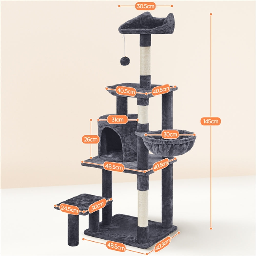 Multi Level Cat Tower 145 cm - 48,5 x 40,5 cm - Donkergrijs