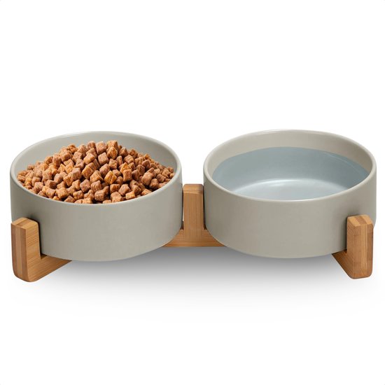 Jake and Jacky Voerbak Kat en Hond Keramiek - Voerbakken Dubbel met Standaard - Drinkbak - 2x 400 mL - Grijs