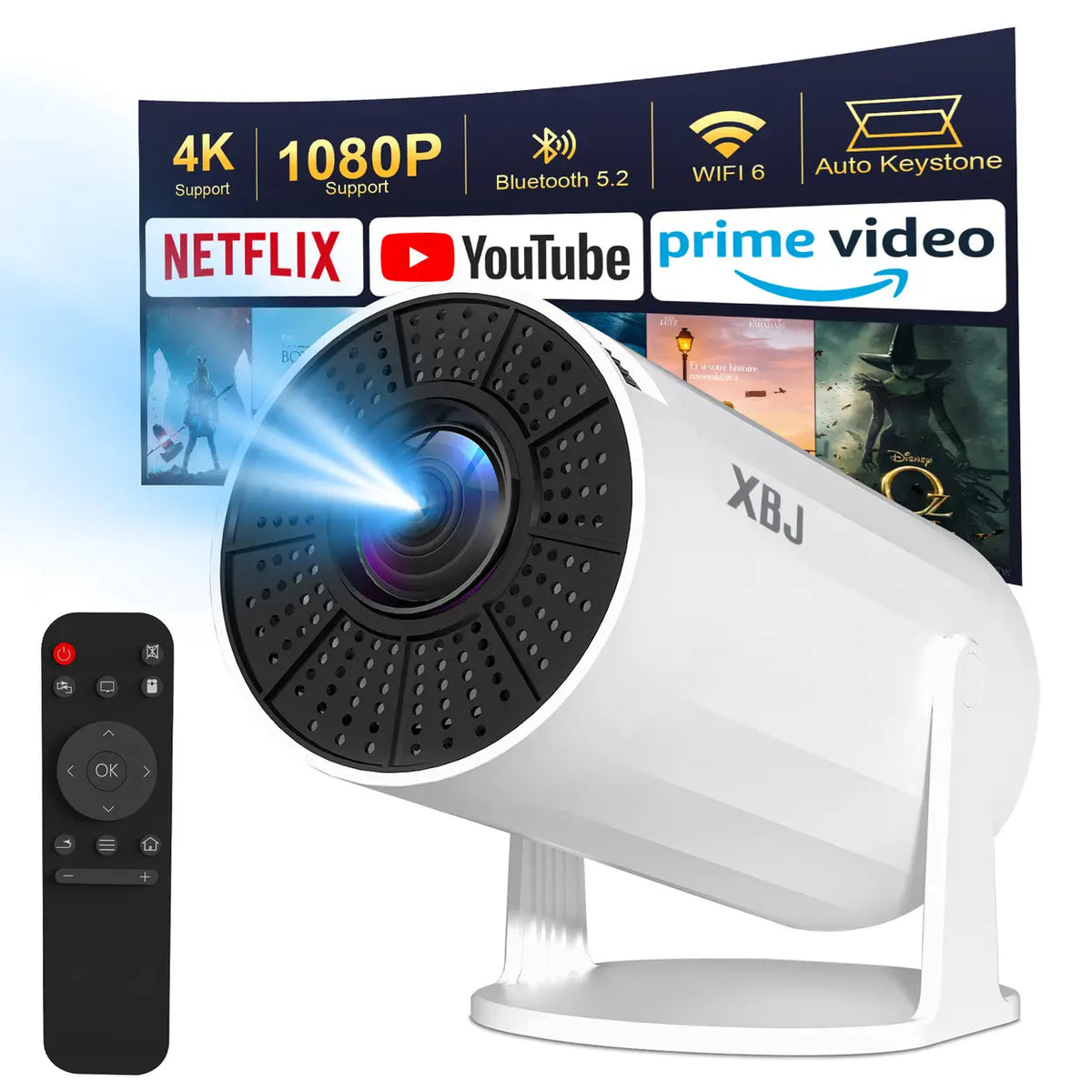 XBJ Draagbare Mini Beamer - Wifi 6 - Bluetooth 5.2 - Wit