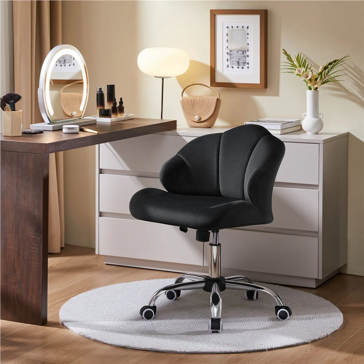 Yaheetech Elegante Draaistoel met Schelpdesign 76,5-86 cm – Strak Zwart – Polyester en Metaal