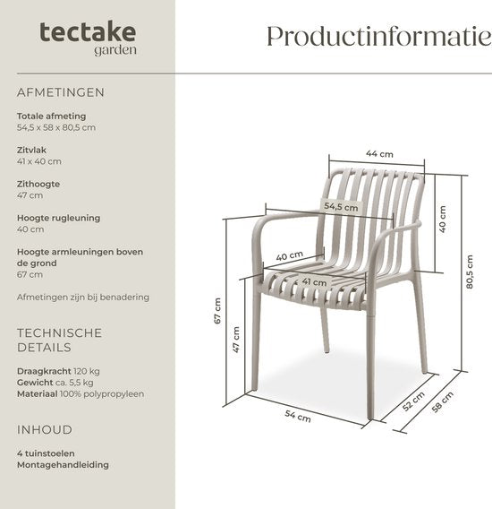 tectake® Set van 4 Tuinstoelen Alcudia - Taupe - Kunststof Stoelen met Armleuning- Stapelbaar - Stoelen voor Tuin, Terras of Balkon - Weerbestendig en UV-bestendig - Draagkracht 120kg per Tuinstoel