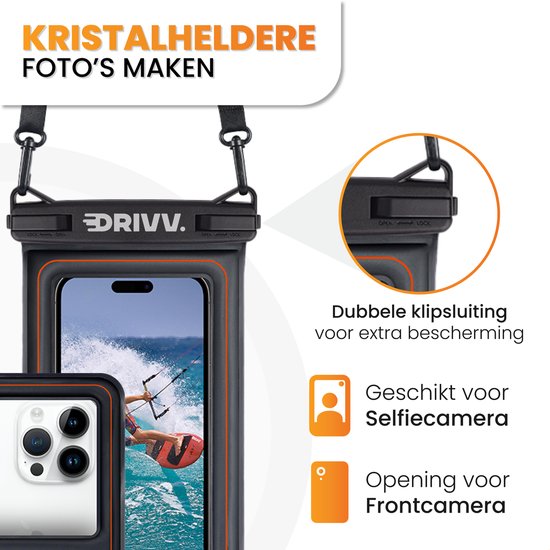 Drivv. Waterdicht Telefoonhoesje – Drijvend - Dubbele Klipsluiting - Tot 6.8 inch – Onderwater Hoesje telefoon - Zwart