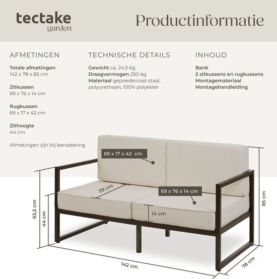 tectake® - Tuin-loungebank Comosa - Voor 2 personen - Tuinbank - 2-zits Loungesofa - Waterafstotende en ultradikke zit-en rugkussens - Draagkracht 125kg per zitplaats - Bruin/beige