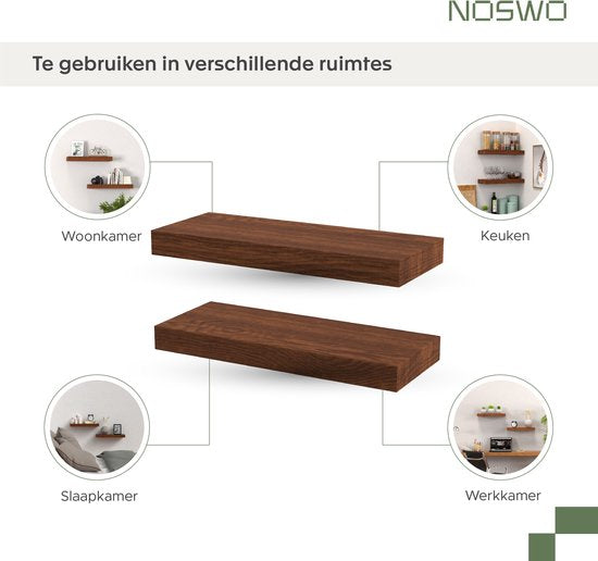Noswo Zwevende Wandplank - Set van 2 met 15 kg Laadvermogen - Massief Mango hout - Muurplank - 43x16,8 x4 cm - Te gebruiken als Wandplank, Boekenplank en Fotoplank - Inclusief Bevestigingsmateriaal