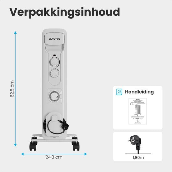 Auronic Olieradiator - Elektrische kachel - Thermostaat - Timer - 3 Standen - tot 1500W Heater - Wit