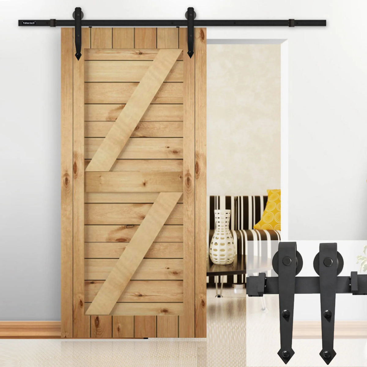 Yaheetech Schuifdeurbeslag Set 183 cm – Voorzien Van Koolstofstalen Rollen En Deurstoppers En Vloergeleider – Voor Houten En Metalen Deuren – Zwart IJzer – 183 x 23 x 5,5 cm