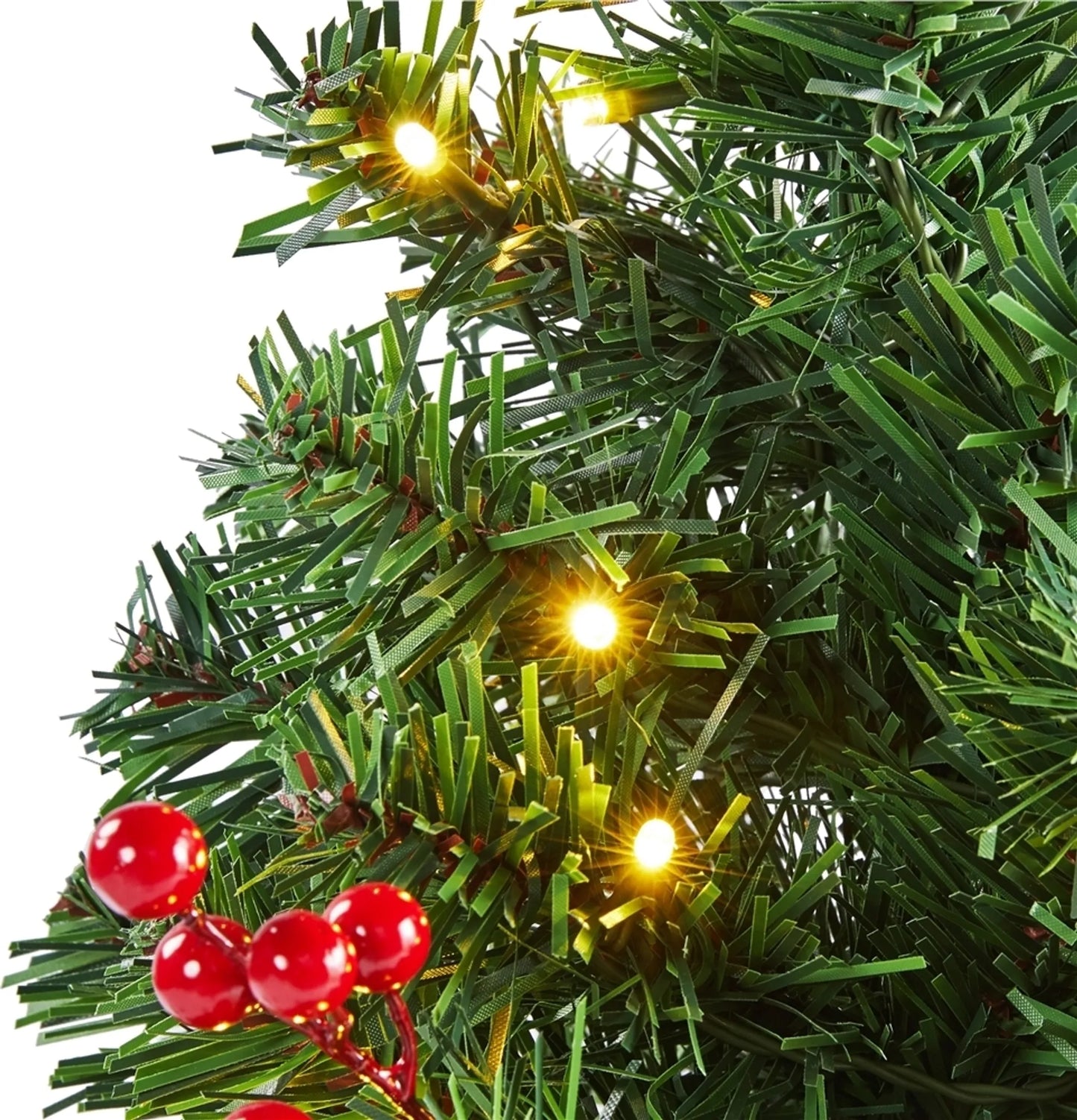 Yaheetech Tafelkerstboom Met Verlichting – 38 x 38 x 60 cm – Voorzien Van 35 LED-Lampjes En 40 Rode Bessen En Betonnen Voet Met Rode Doek – Voor Dressoir En Kantoor – Groen PVC En Beton
