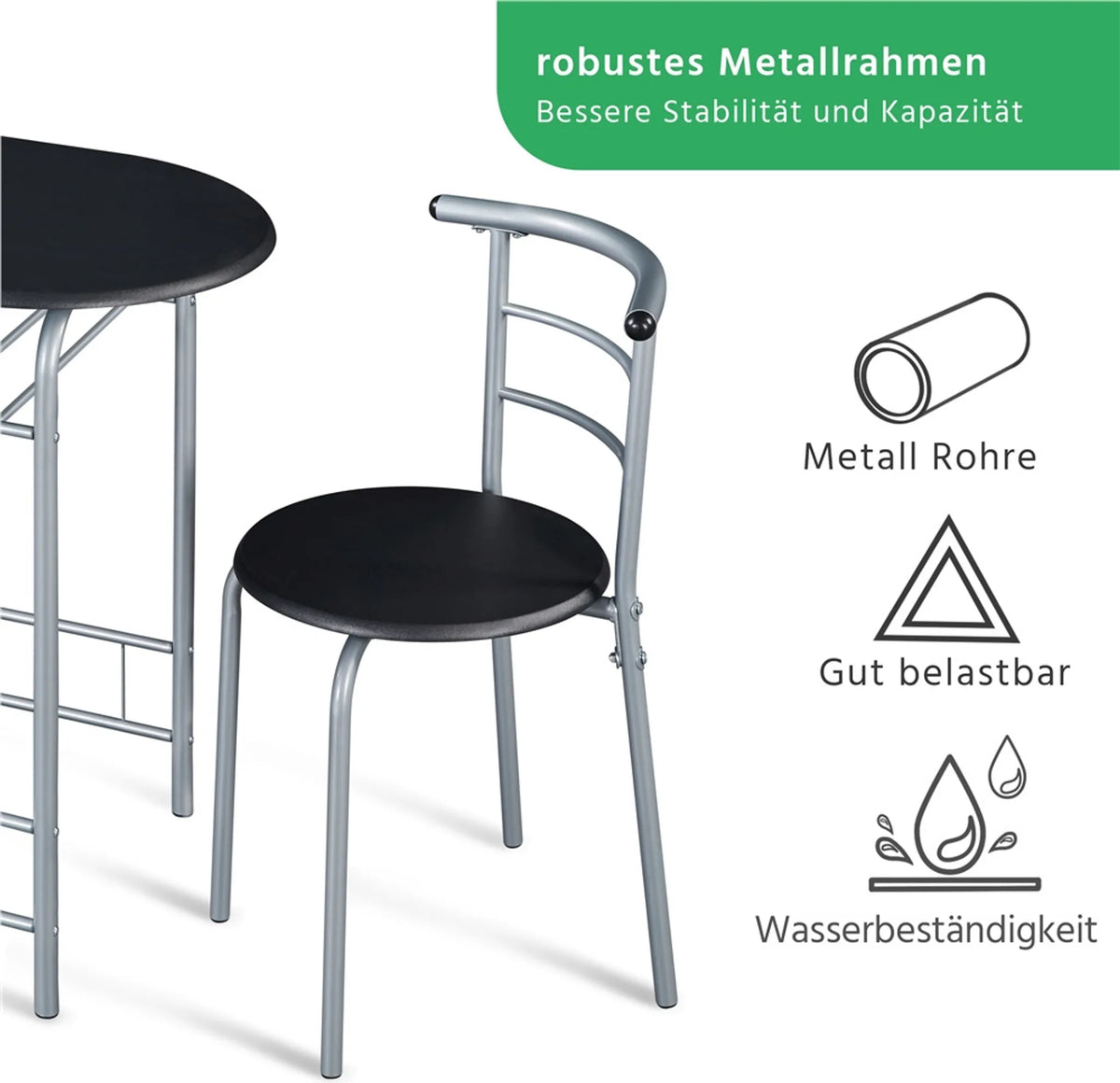 Yaheetech Eethoek Set Van 3 – Voorzien Van Tafel Met 2 Stoelen En Verstelbare Opbergplank En Waterafstotende Coating – Voor Keuken En Eetkamer – Zwart Metaal En MDF – 80 x 53 x 73,5 cm