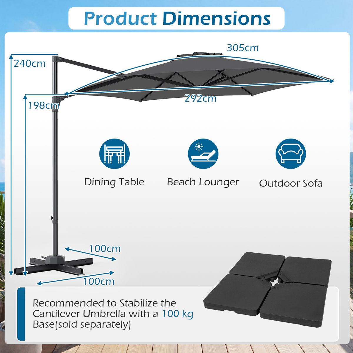 Coast Zweefparasol - 360° draaibaar - met ventilatieopening - beige/grijs - 3 meter