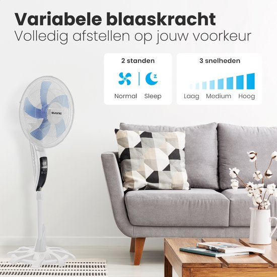 Auronic Statiefventilator - Staande Ventilator met Afstandsbediening - Hoogte Verstelbaar - Roterend - Slaapmodus - Stille Ventilator - Wit