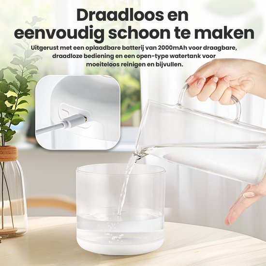 Luchtbevochtiger - 1.5L - Humidifier - Draadloos & Oplaadbaar - Aromadiffusers - Fluisterstil - Wit - van Saaf