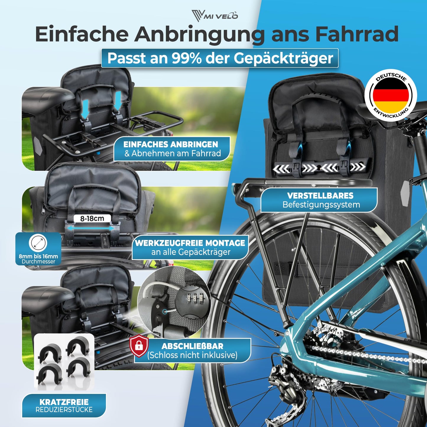 MIVELO 3 in 1 fiets tas - bagagedrager tas en rugzak - 20 liter grafiet - waterdicht - gevoerd laptopvak - reflectoren