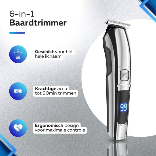 6-in-1 Baardtrimmer Mannen - 6 Verwisselbare Opzetstukken - Trimmer Baard en Lichaam - Bodygroomer - Neus en Oortrimmer