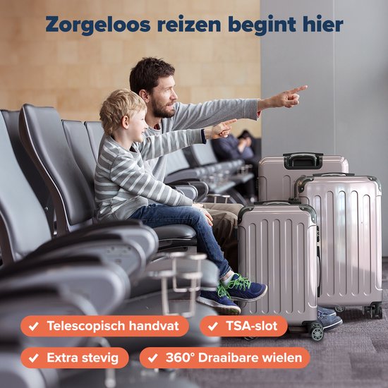 TRVLMORE Kofferset - 3 Delig - Complete Reiskoffer set - 45L Handbagage + 75L en 115L Ruimbagage - Roségoud