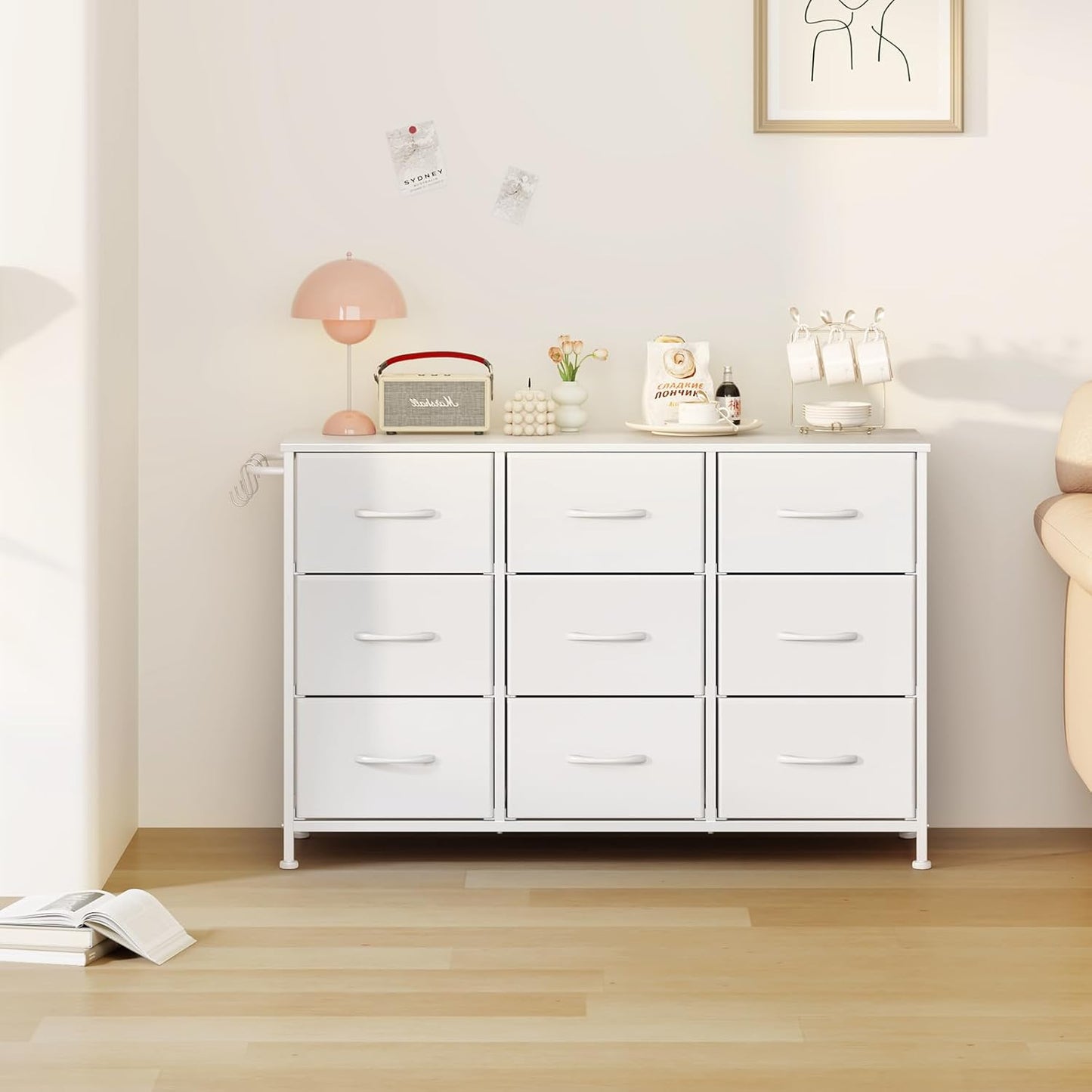 Leader Accessories Ladekast 9 Laden Stoffen Commode voor Hal en Woonkamer - 100x30x65cm - Wit