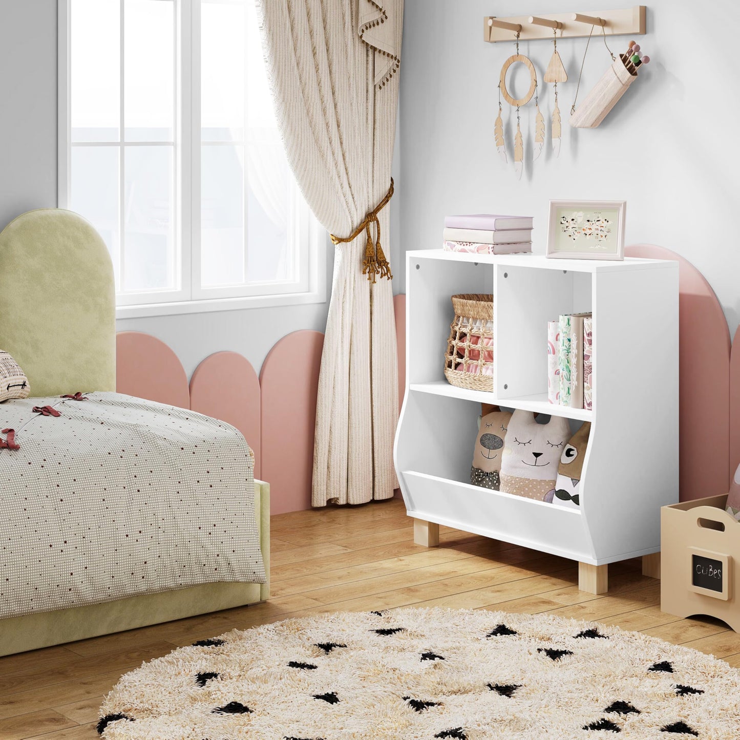 Lestarain Montessori kinder boekenkast - wit - 3 vakken - met massief houten poten - 71,5 x 77 x 34,5 cm