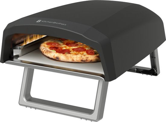 KitchenBrothers Pizza Oven - Gas - Tafelmodel - Inklapbaar - Pizzasteen - Dubbele Brander - Pizzaoven voor Buiten - Zwart/Grijs - Vaderdag Cadeau