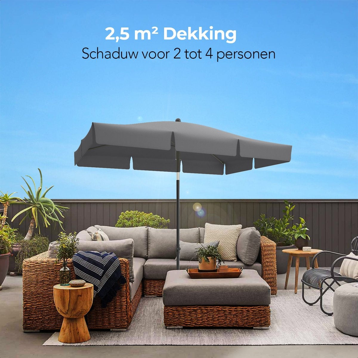 LifeGoods Parasol Vierkant – Incl. Hoes – 30° Kantelbaar – Donkergrijs – Verstelbaar tot 235 cm  - Zonder hoes Zwart