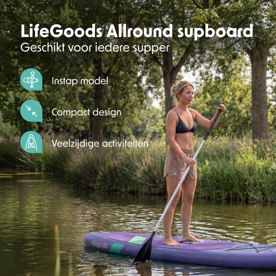 LifeGoods SUP Board Allround Compact - met Zitje - 100 KG Draagkracht - 300 x 76 cm - Opblaasbaar - Compleet SUP pakket - Paars