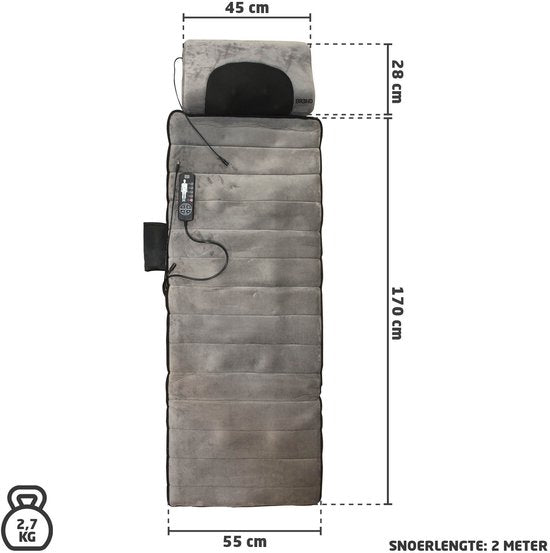 BREND BR-2230 Elektrische Massagemat en Kussen – Massagematras met Warmte, 5 Vibratiemodi en 3 Intensiteiten - Massagekussen – 170X55 CM – Grijs