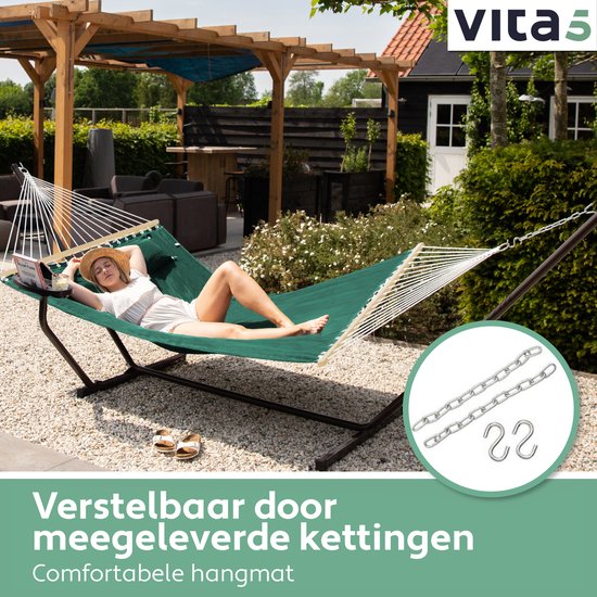 Vita5 Hangmat met Standaard en Spreidstok – 2 Persoons – incl. Bekerhouder - Afneembaar kussen – uv-bestendig – Groen
