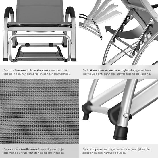 tectake® Ligbed Avignon - 2-in-1 verstelbare ligstoel - Schommelstoel voor buiten - Weerbestendig frame en waterafstotend, luchtdoorlatend weefsel - Tuinstoel - Balkonstoel - 195cm lang - Antraciet
