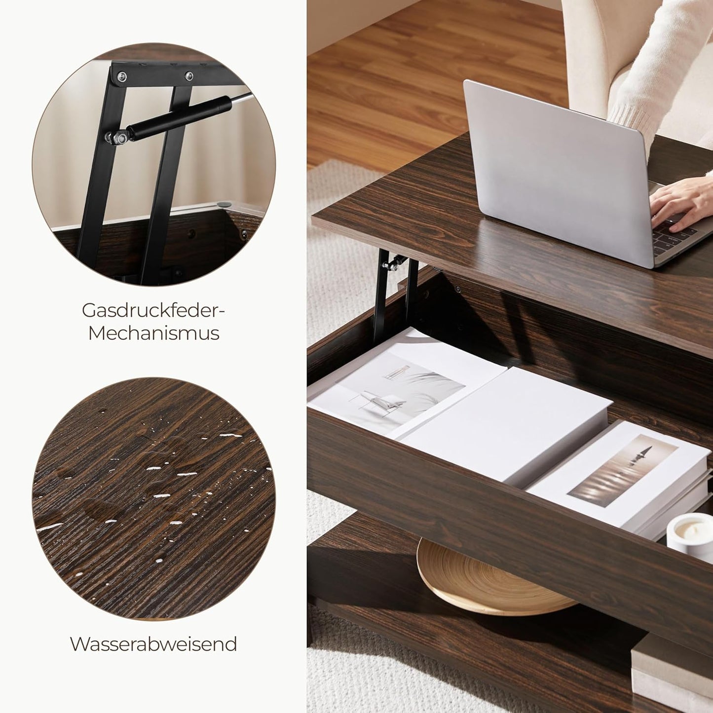 Yaheetech Salontafel met In Hoogte Verstelbaar Tafelblad - Verborgen Opbergruimte - Bruin - 98 x 50 x 42-56 cm