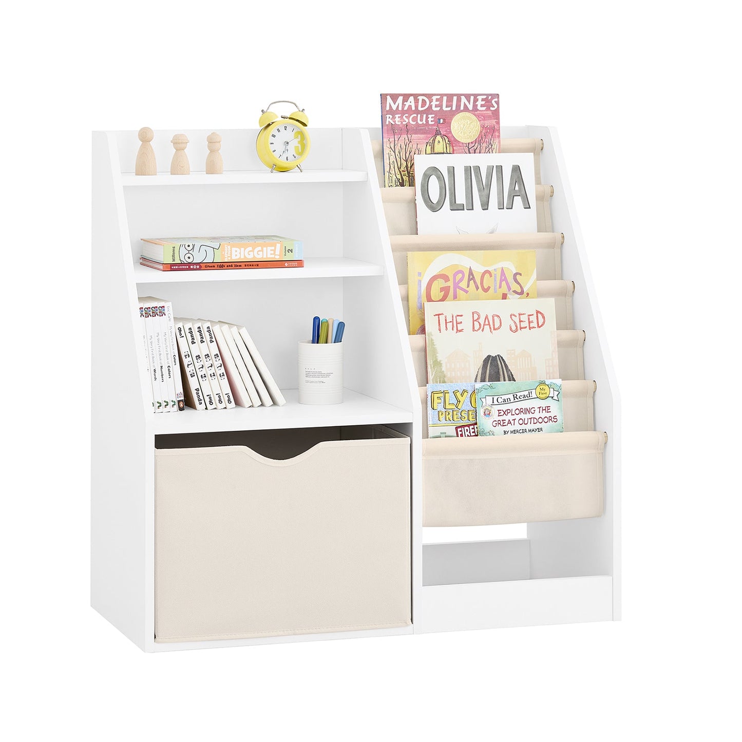 SoBuy KMB119-W Montessori Kinderboekenkast 3 niveaus met opbergruimte en stoffen manden, wit, 80 x 40 x 80 cm